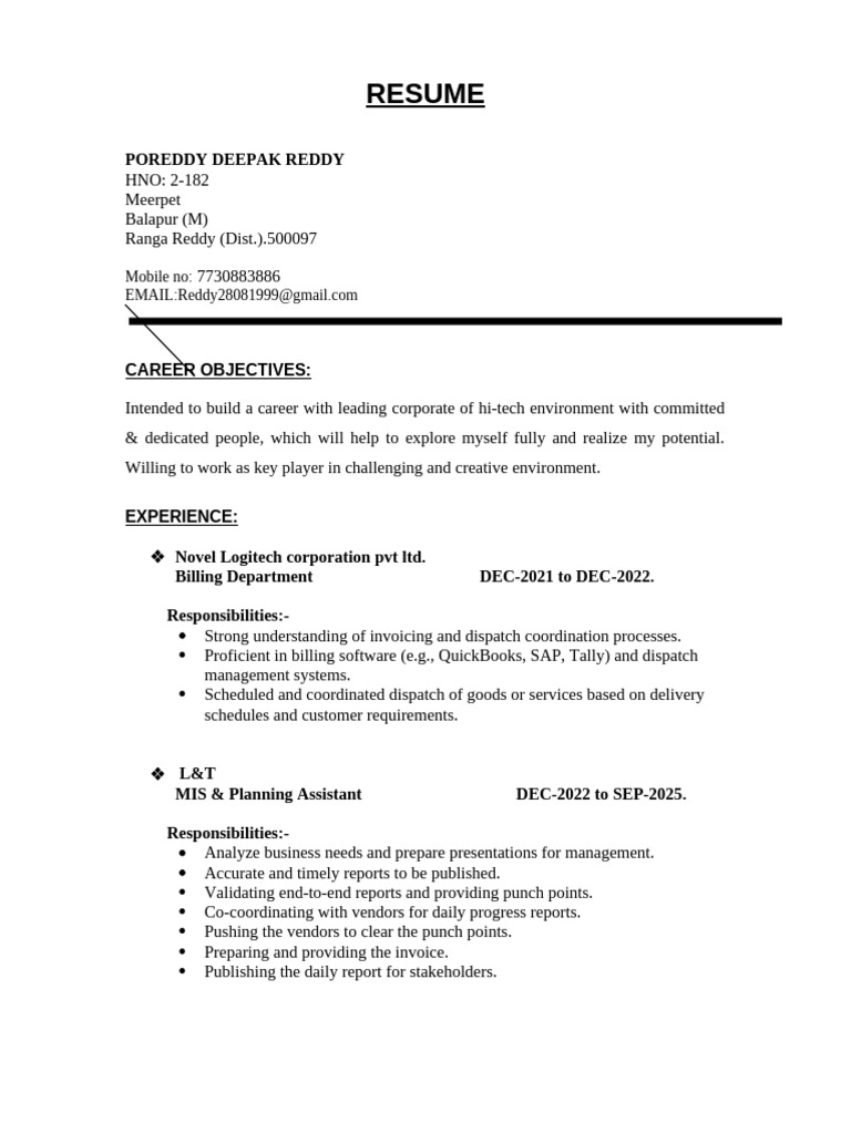 Resume of Poreddy Deepak Reddy | PDF