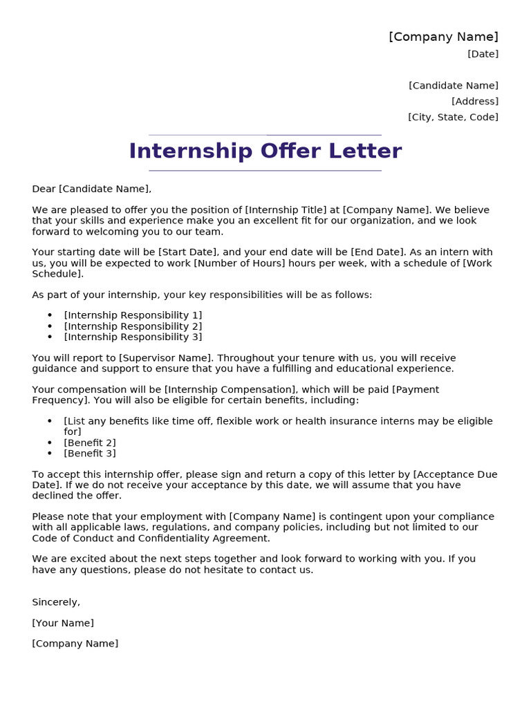 Internship Offer Letter Template | PDF