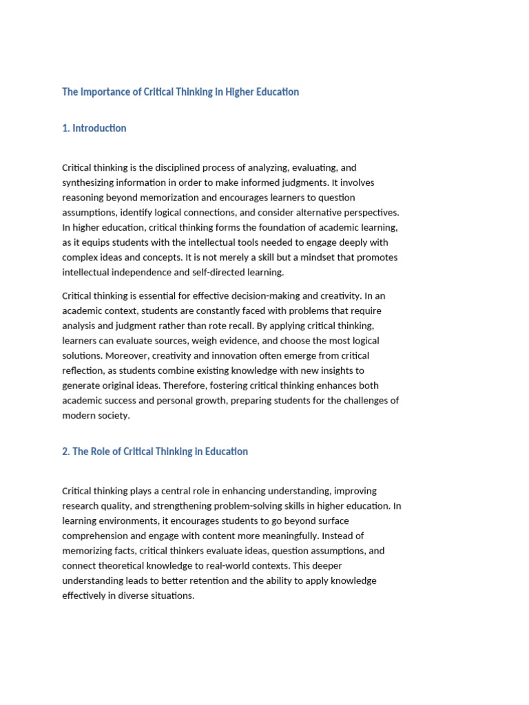 Critical Thinking's Role in Higher Education | PDF | Critical Thinking ...