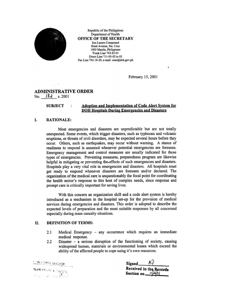 AO#182 s.2001 Adoption and Implementation of Code Alert System For DOH ...