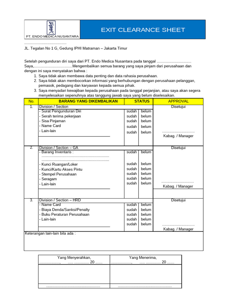 Formulir Exit Clearance Karyawan PT Endo Medica | PDF