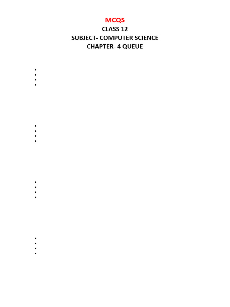 Class 12 Computer Science Queue MCQs | PDF | Queue (Abstract Data Type ...
