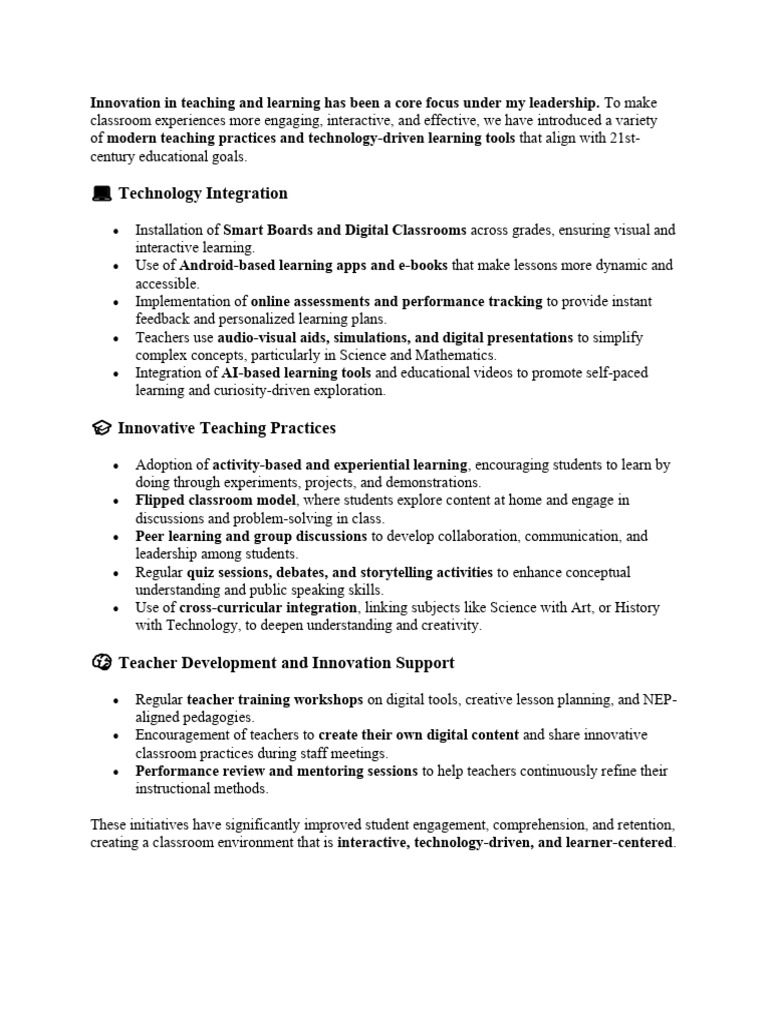 Innovative Teaching Practices and Tech Integration | PDF
