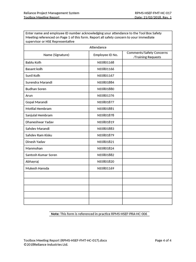 Toolbox Meeting Attendance Report | PDF
