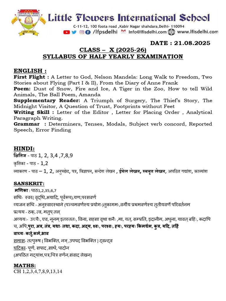 Syllabus of Half Yearly Exam Class X | PDF