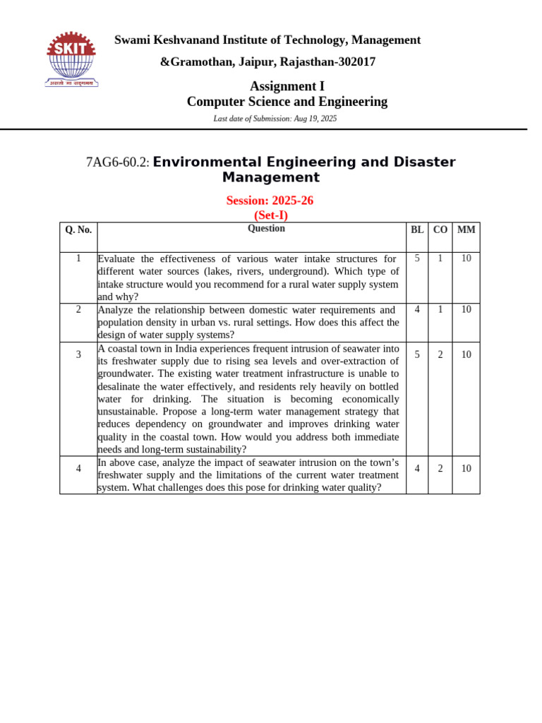 Environmental Engineering Assignment Overview | PDF | Drinking Water ...