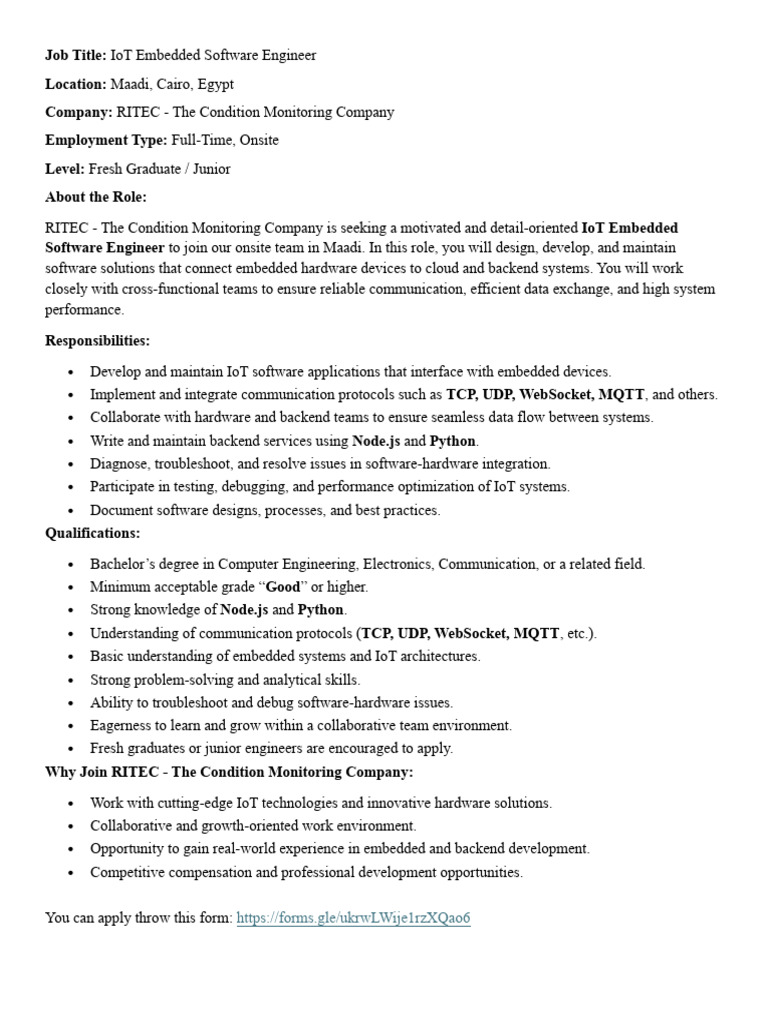 IoT Embedded Software Engineer Job in Cairo | PDF