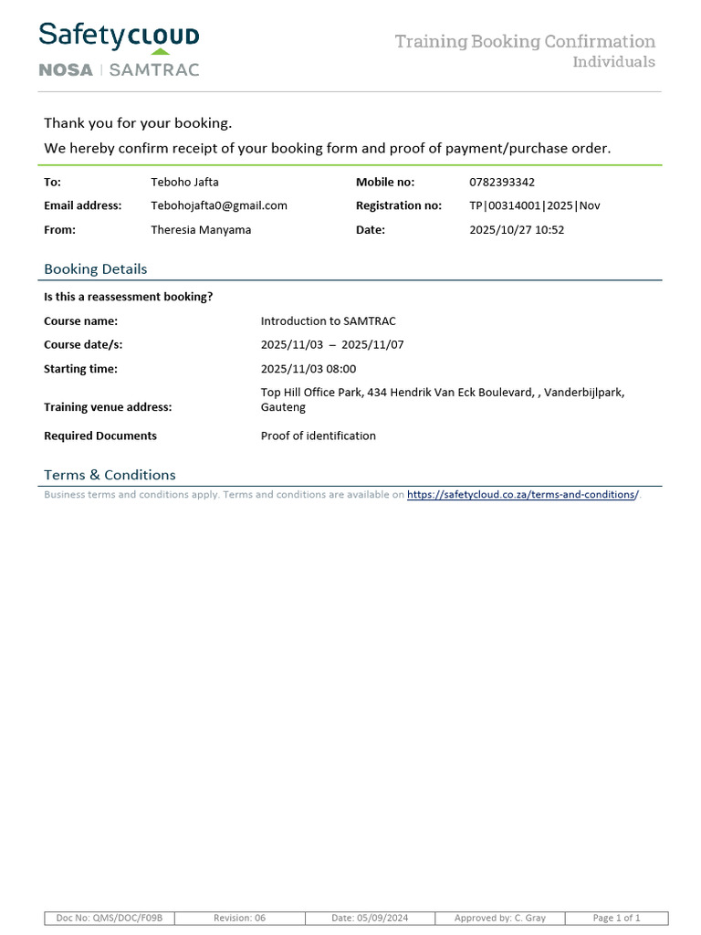 Qmsdocf09b Training Booking Confirmation - Individuals v2 | PDF