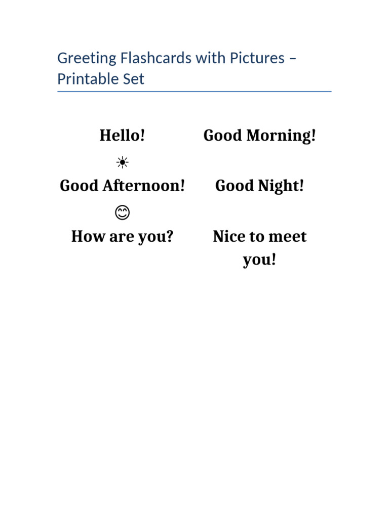 Printable Greeting Flashcards With Pictures | PDF
