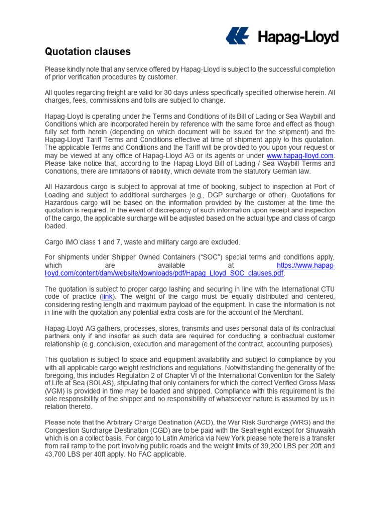 Hapag-Lloyd Quotation Terms and Conditions | PDF | Cargo | Bill Of Lading