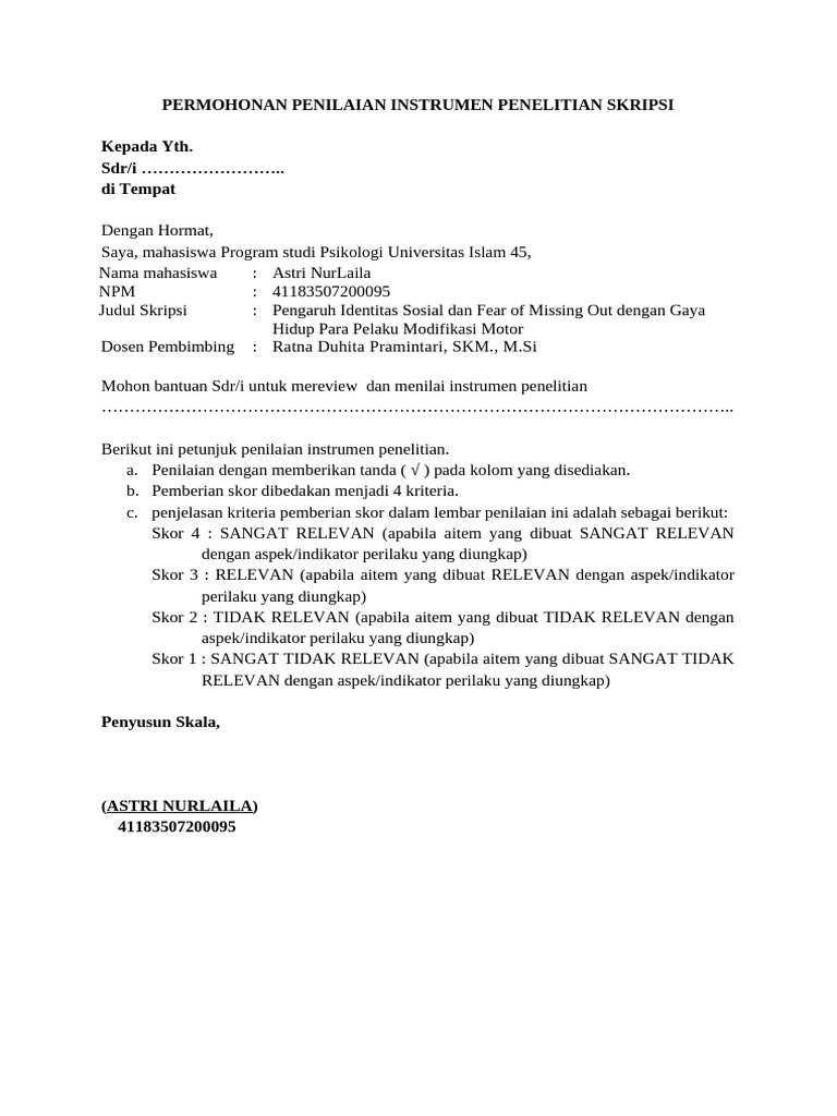 Penilaian Instrumen Skripsi Psikologi | PDF