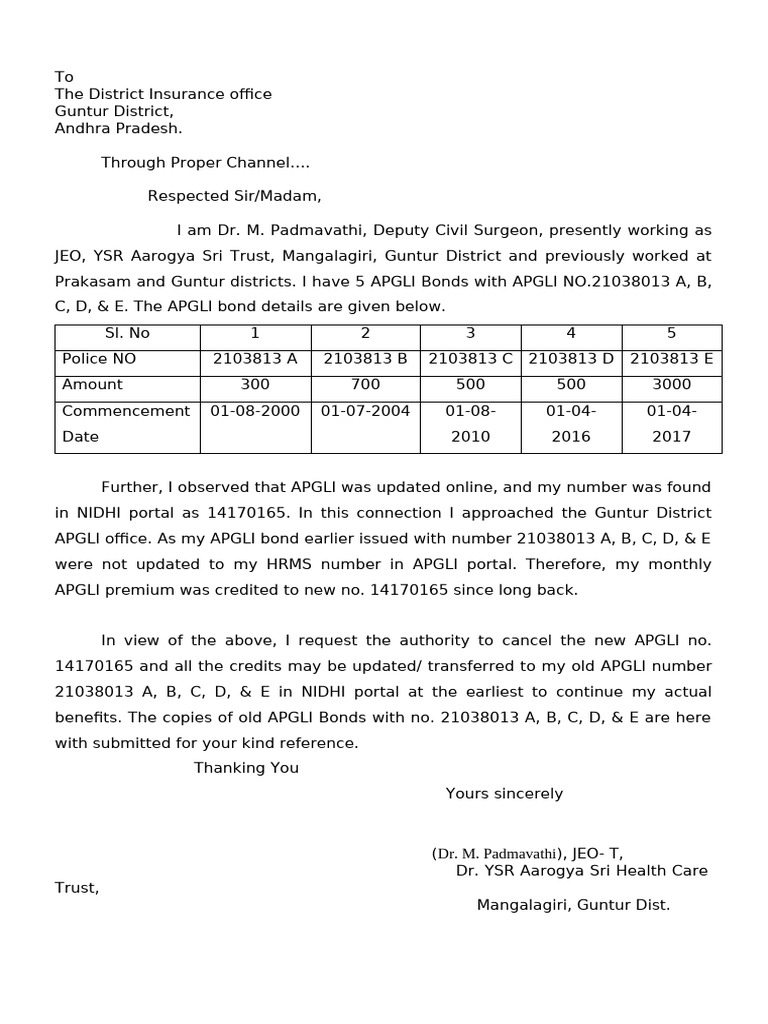 APGLI Bond Update Request Letter | PDF