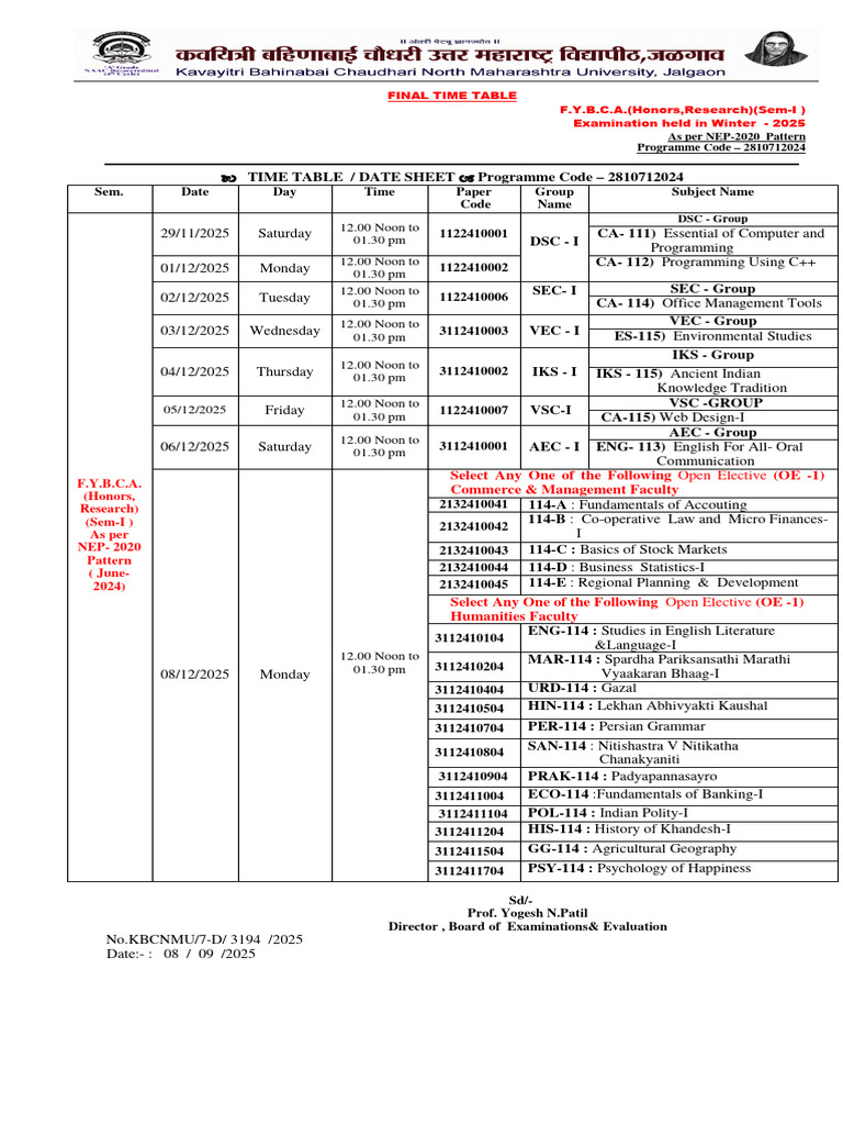 F.Y.B.C.A. Sem-I Exam Time Table 2025 | PDF