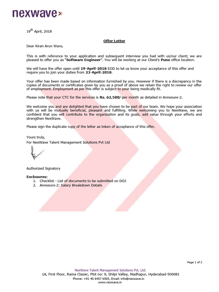 Offer Letter-Kiran Arun Ware-SE - Pune - Accenture | PDF | Income Tax ...