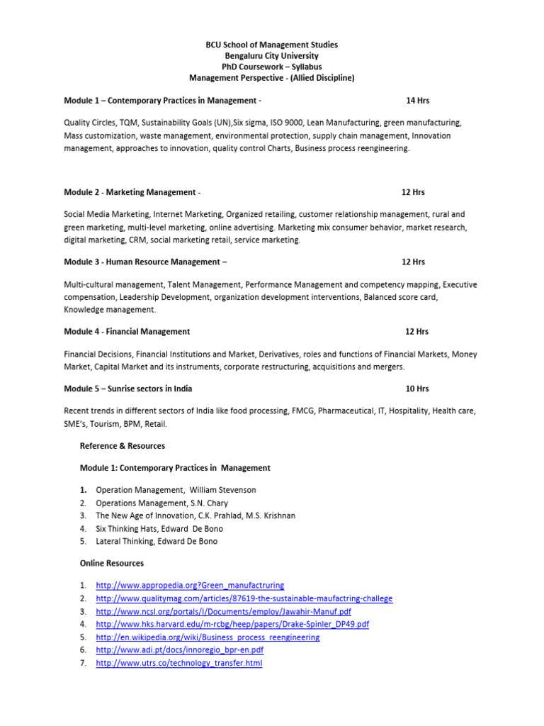 BCU PhD Management Studies Syllabus | PDF | Marketing | Business