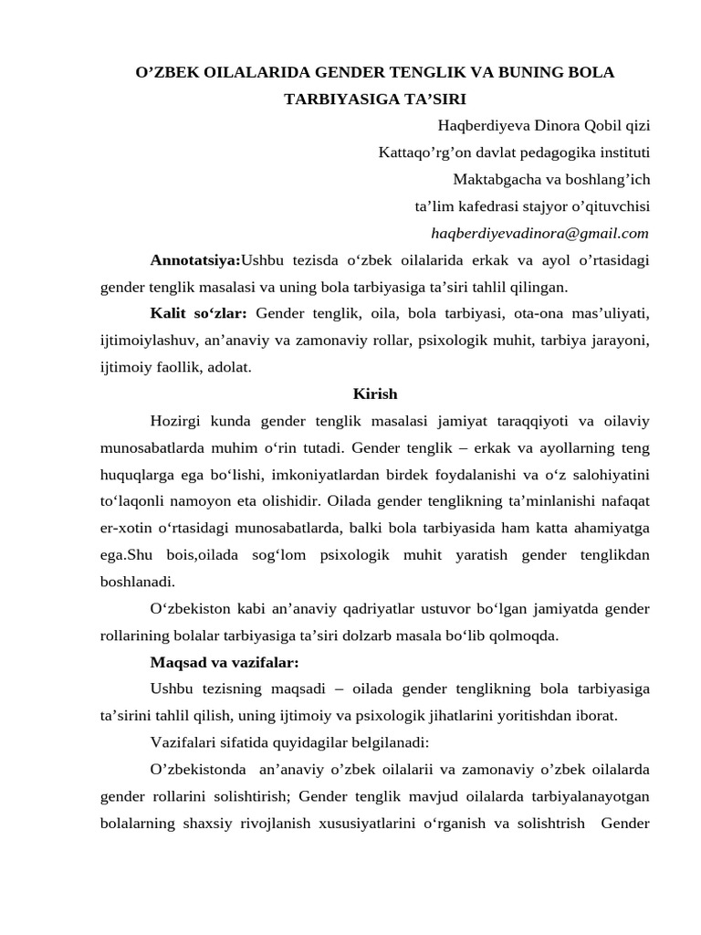 O'zbek Oilalarida Gender Tenglik Va Buning Bola Tarbiyasiga Ta'Siri | PDF