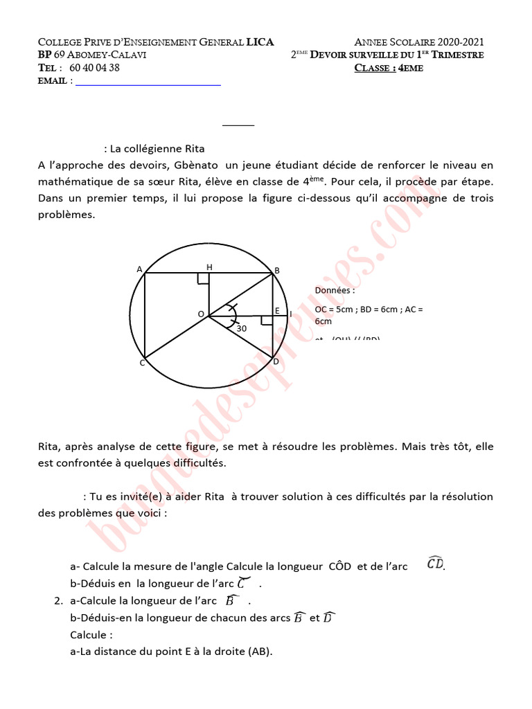 Devoir de Mathématiques 4ème LICA 2020-2021 | PDF | Triangle ...