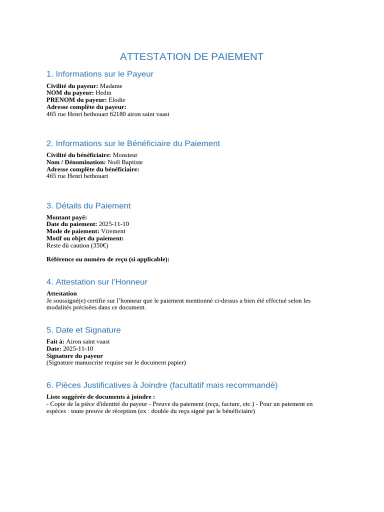 Attestation de Paiement Hedin-Noël | PDF