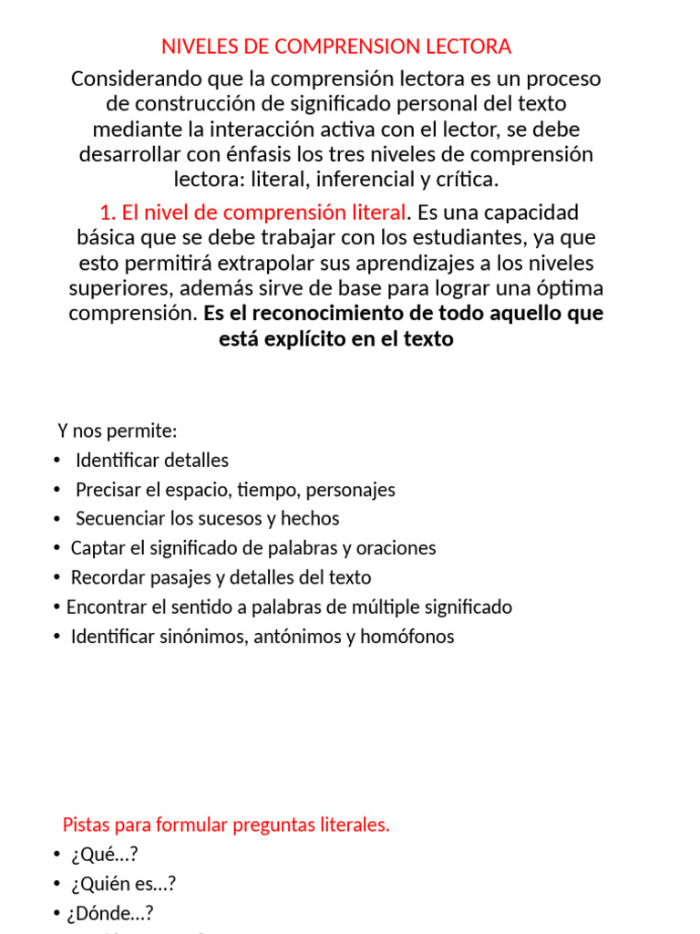 Niveles de Comprensión Lectora Explicados | PDF | Comprensión lectora ...