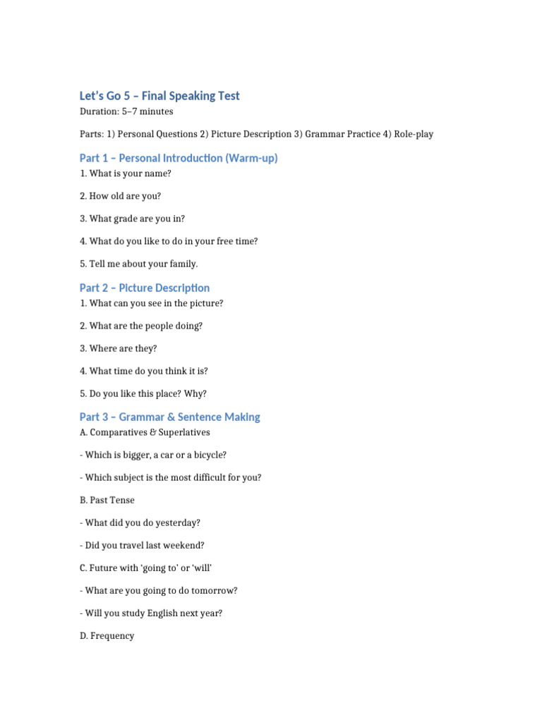 Let’s Go 5 Speaking Test Guide | PDF