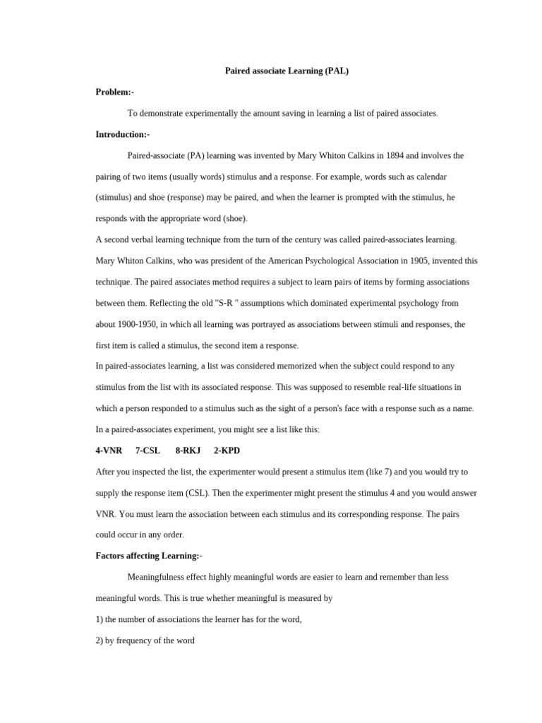 Paired Associates Learning Techniques | PDF | Recall (Memory) | Learning