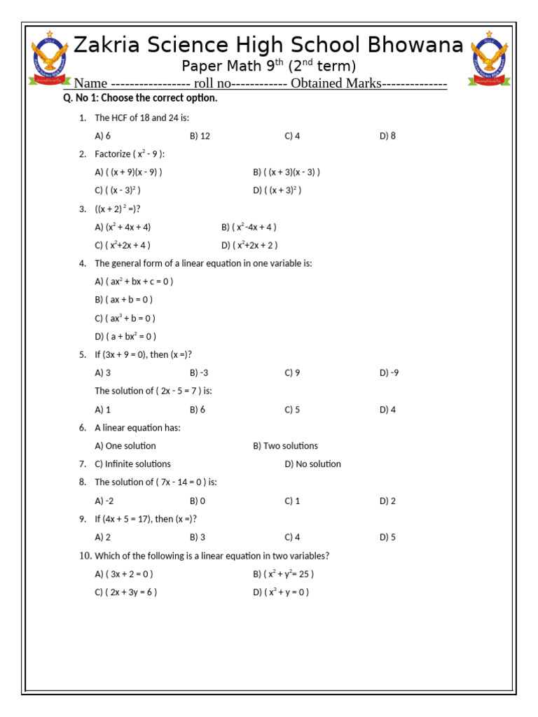 Paper Mat 9th 2nd | PDF | Equations | Abstract Algebra