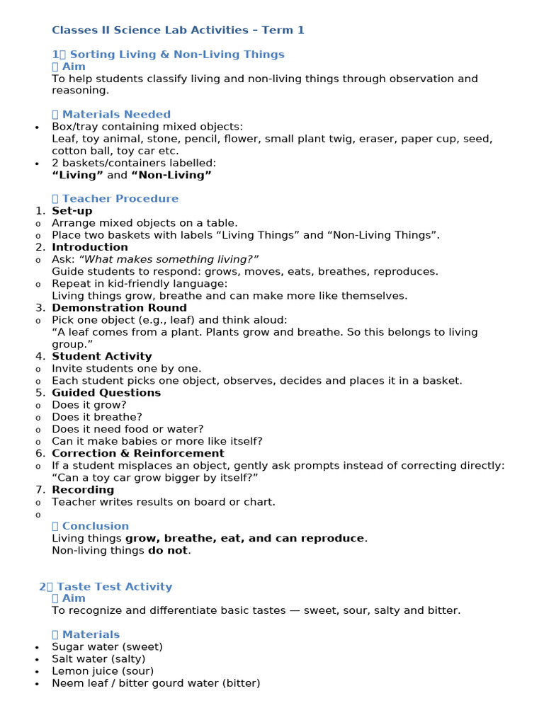 Class II Lab Activities | PDF | Taste | Filtration