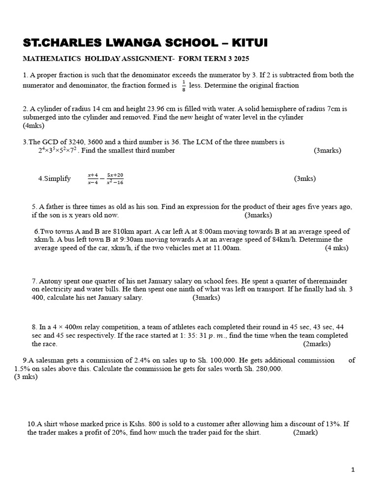 F2 Math Dec Holiday Assignment 2025 | PDF | Pound Sterling | Line ...