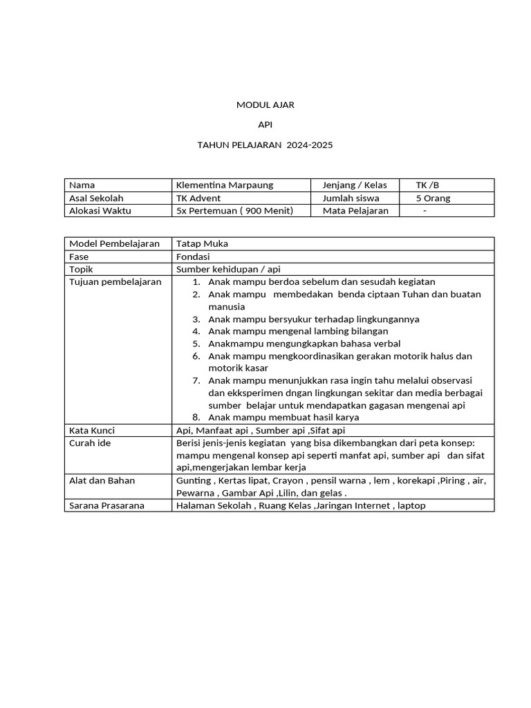 Modul Ajar Mengenal Api untuk TK B | PDF