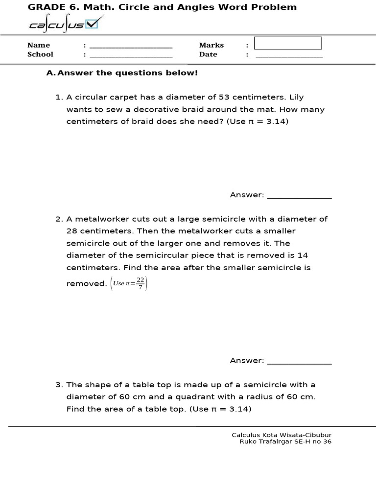 Grade 6 Circle and Angles Problems | PDF | Circle | Angle