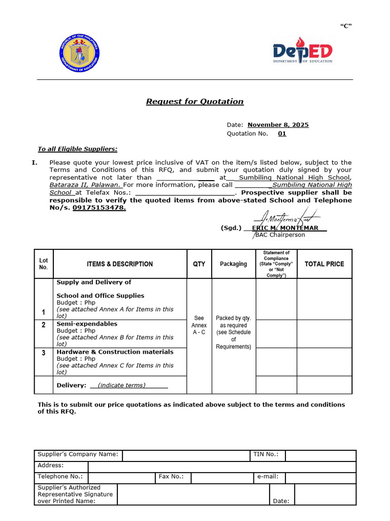 Request for Quotation for School Supplies | PDF | Printer (Computing ...