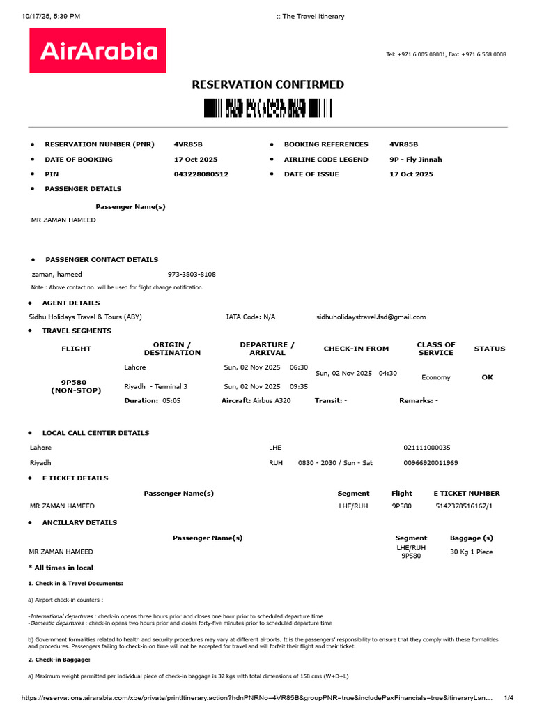 Flight Reservation Confirmation for Zaman Hameed | PDF | Aircraft ...