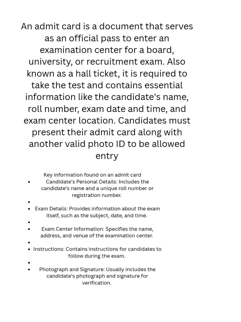 An Admit Card Is A Document That Serves As An Official Pass To Enter An ...