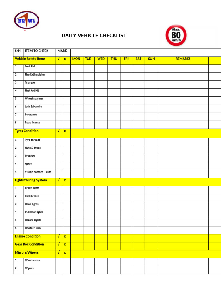 Daily Vehicle Checklist | PDF