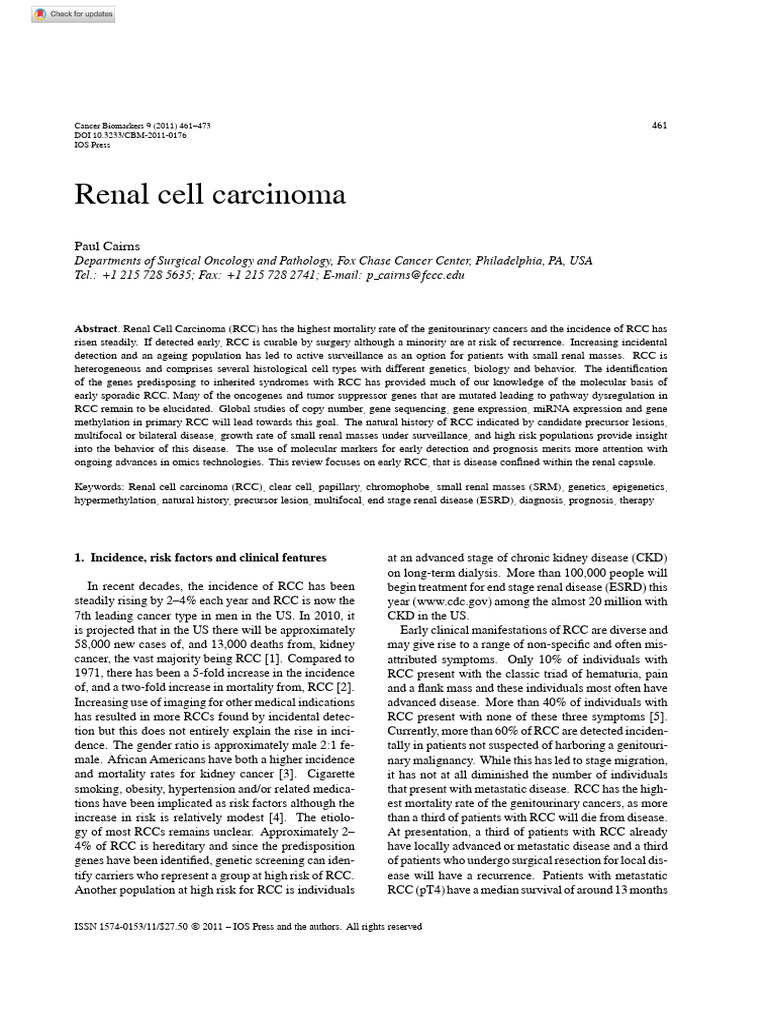 Cairns 2011 Renal Cell Carcinoma | PDF | Cancer | Chronic Kidney Disease