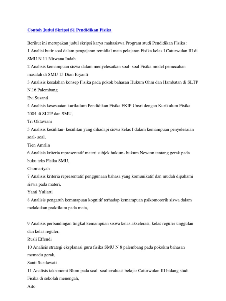 Contoh Judul Skripsi S1 Pendidikan Fisika Pdf