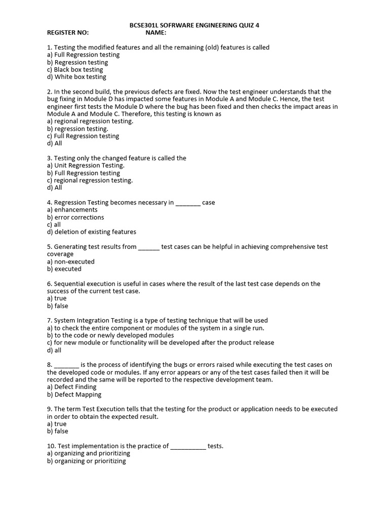 Software Engineering Quiz 4: Regression Testing | PDF