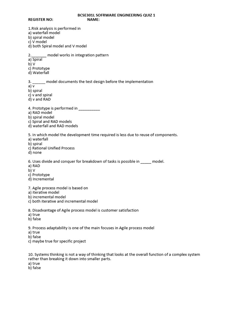 Software Engineering Quiz 1 Questions | PDF
