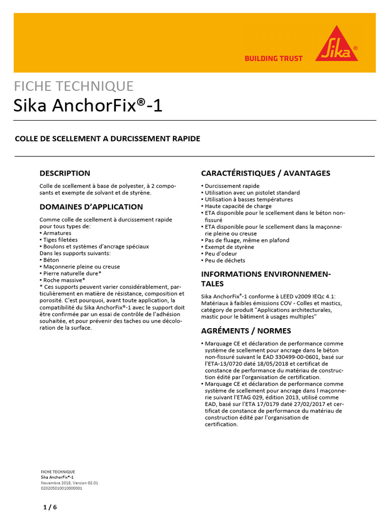 Colle Sika AnchorFix®-1 : Durcissement Rapide | PDF | Béton | Forage