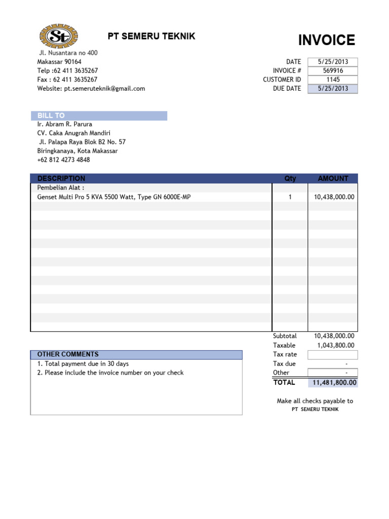 Invoice for Genset Purchase - PT Semeru Teknik | PDF