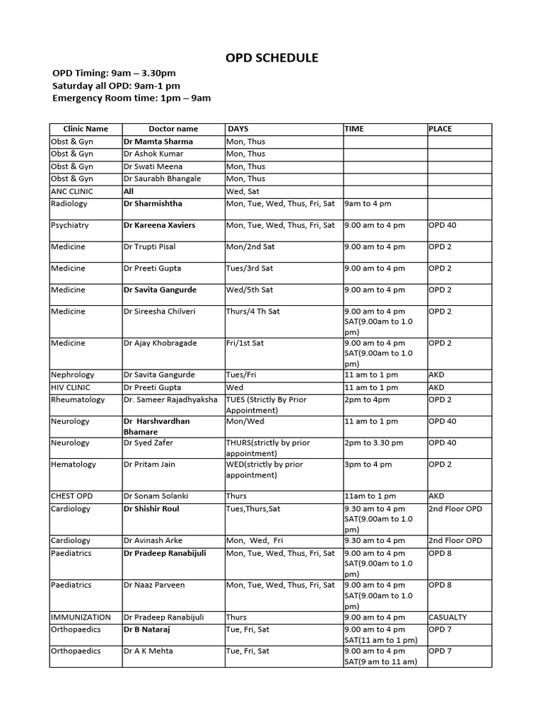 Comprehensive OPD Schedule and Timings | PDF | Surgery | Medical ...