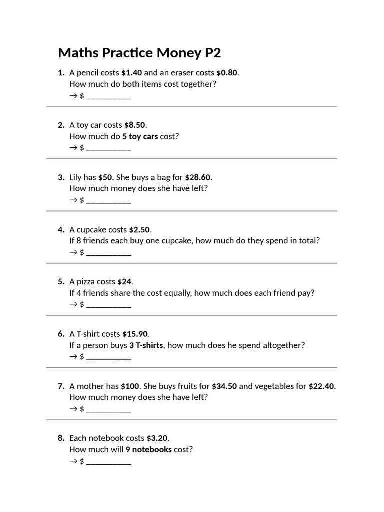 Money Math Practice Worksheet P2 | PDF