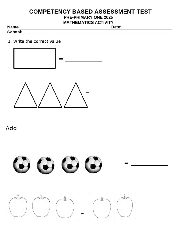 Pre-Primary One Math Assessment 2025 | PDF