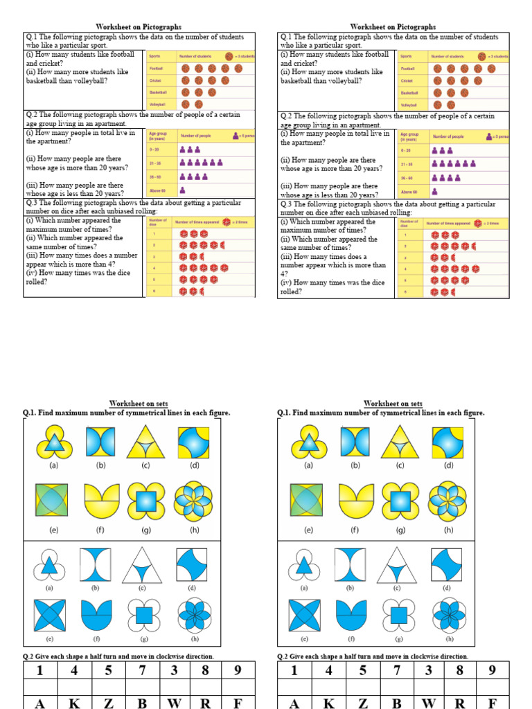 Worksheet On Pictograph and Sets | PDF | Dice | Gambling