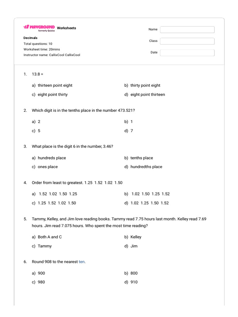 Decimals Worksheet with Questions | PDF