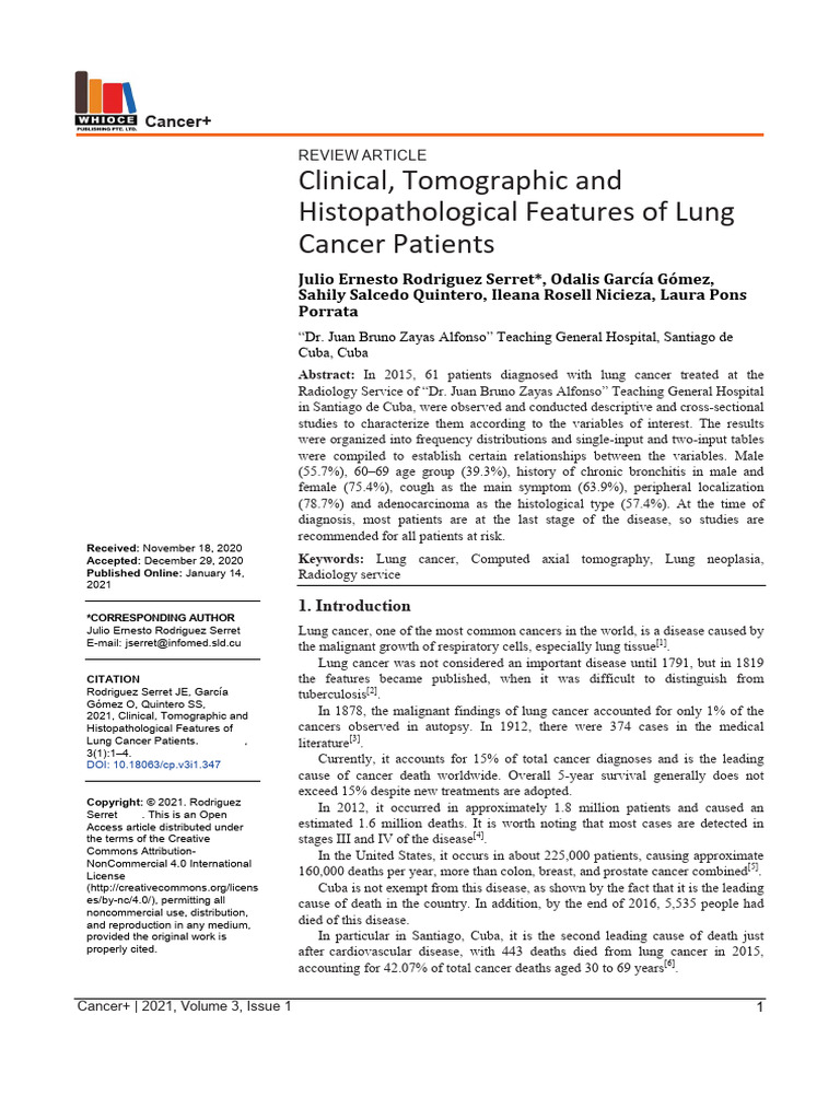 Clinical, Tomographic and Histopathological Features of Lung Cancer ...