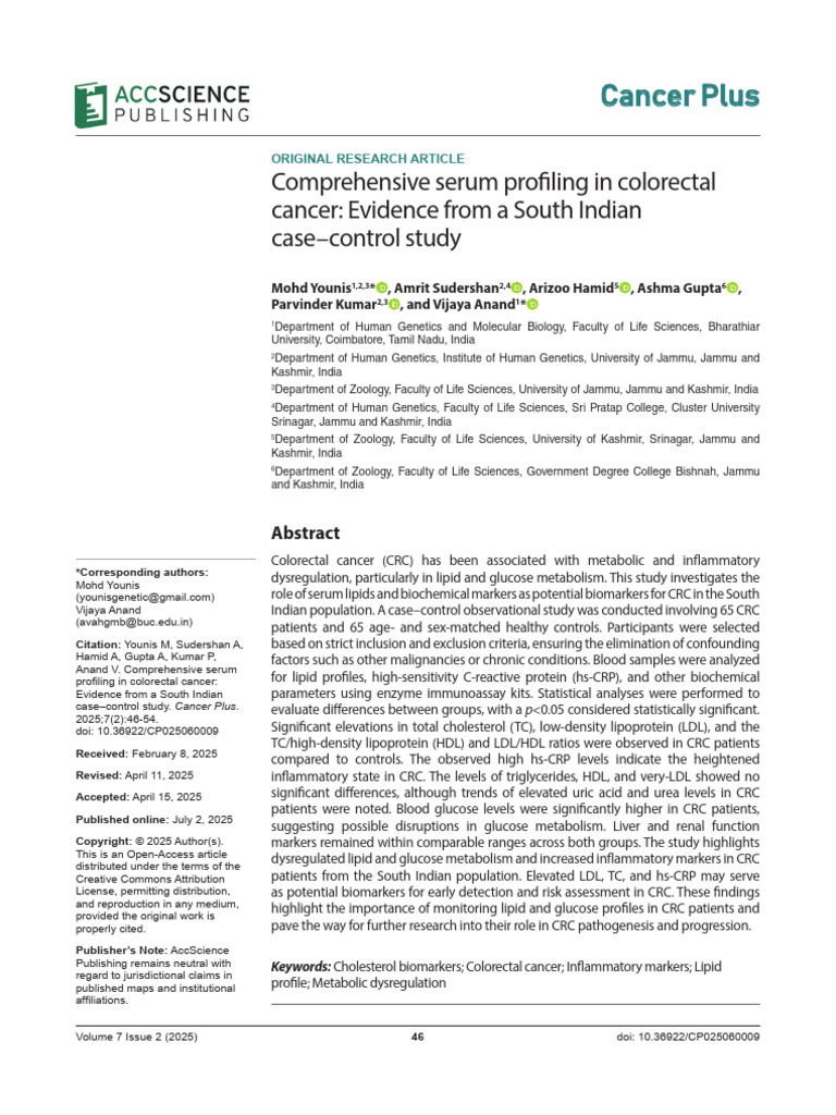 Serum Biomarkers in Colorectal Cancer Study | PDF | Colorectal Cancer ...