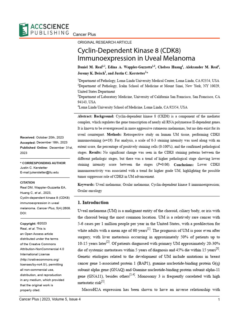 Cyclin-Dependent Kinase 8 (CDK8) Immunoexpression in Uveal Melanoma ...