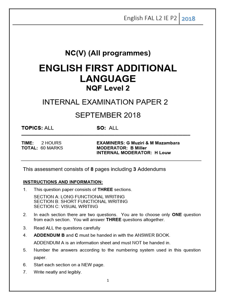 English FAL Level 2 Exam Paper 2018 | PDF