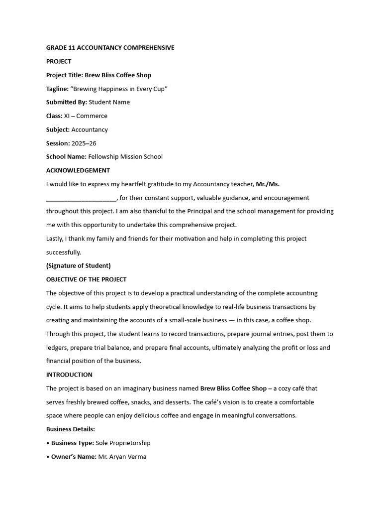 Grade 11 Accountancy Project: Brew Bliss | PDF | Business | Business ...